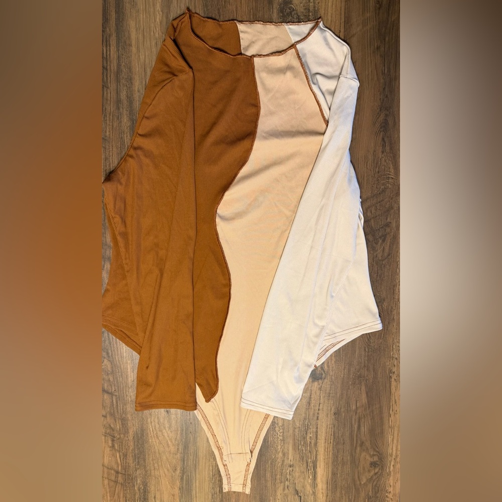 Ribbed Bodysuit with Colorblock Pattern of Brown, Beige, and Cream